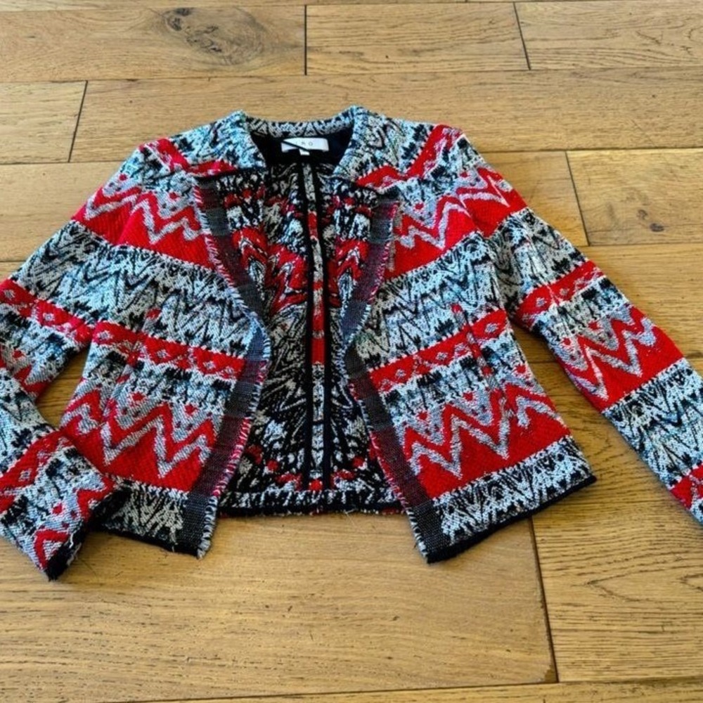 IRO Kroe Jacket Red Black White‎ Geometric Jacquard Fringe Blazer 36 (1268)